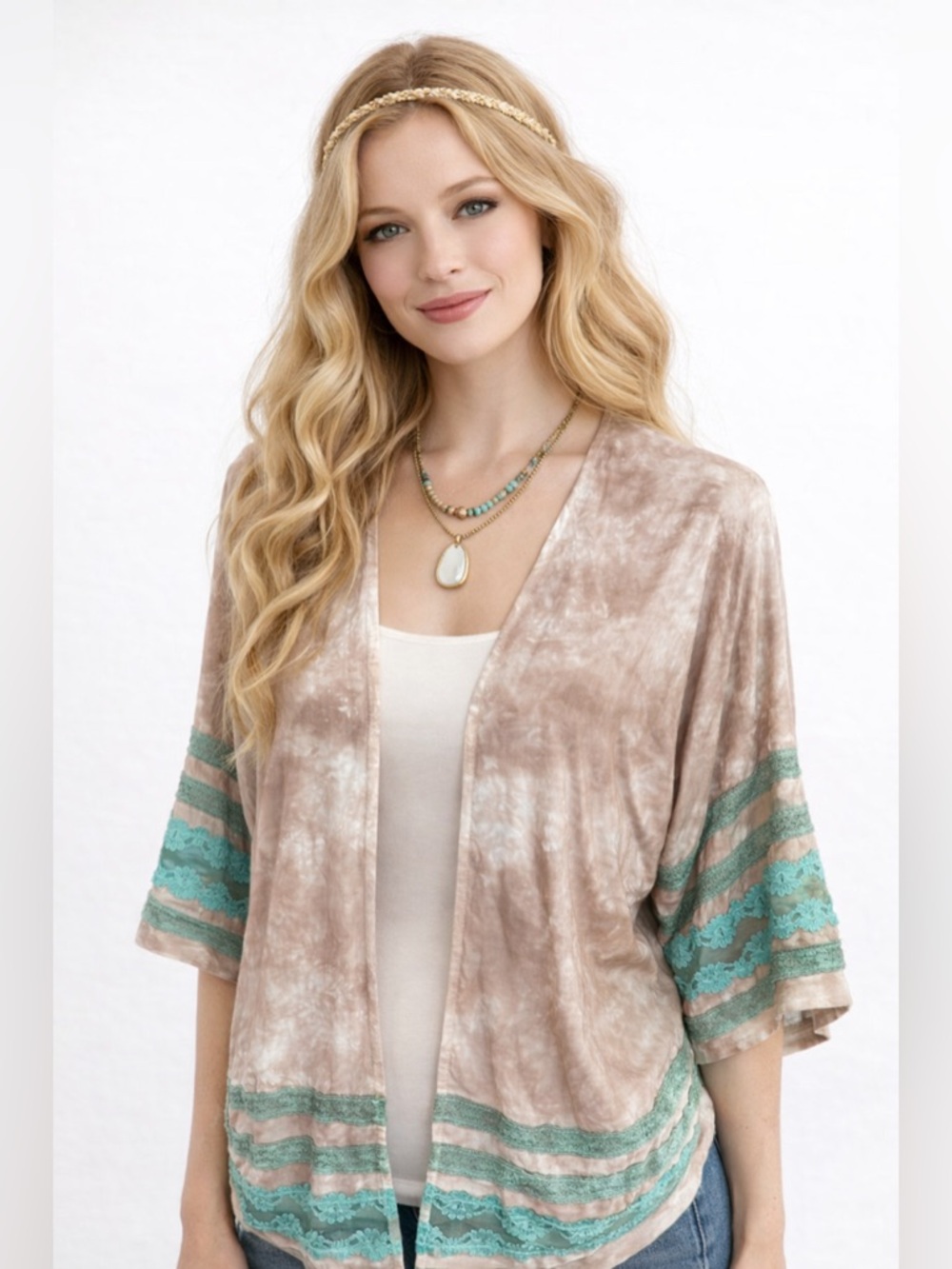 WYLD HEART Boho Tie Dye Kimono Cardigan Taupe Teal Lace Trim Open Front Size L
